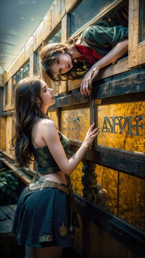 intricate detailed portrait of a beautiful young woman gazing out window of a rustic wooden cabin, medieval fantasy village, lus...