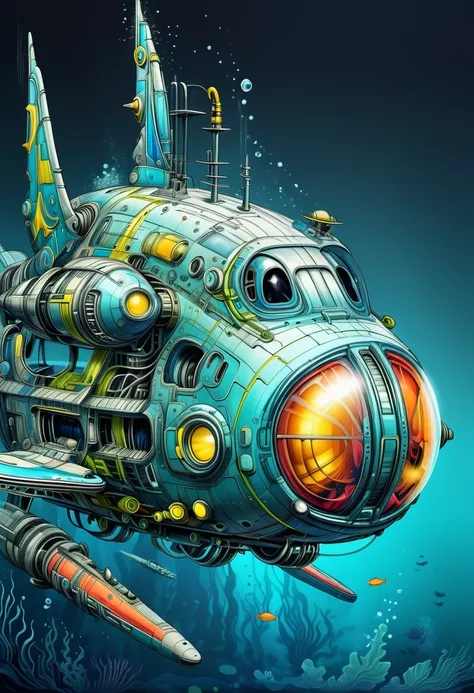 Steampunk submarine underwater submarine in deep sea futuristic surreal style