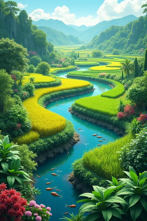 Rice fields, yardlong bean fields, chili fields, basil fields, ponds with shrimp and squid.
