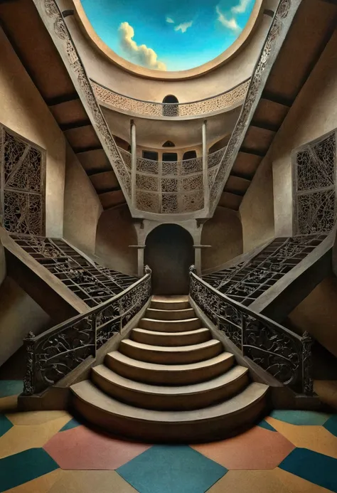  ( Surrealism ) a Surreal scene involving hundred of staircases that form impossible angles, stairwells cross from all directions in non euclidean geometry, and abstract sitars that are illusions , confusing chaos, ethereal and divine, photorealistic, 8k, ...