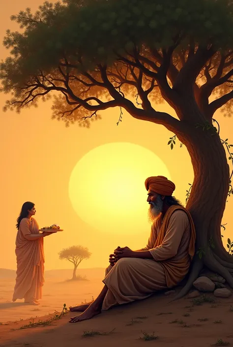 There is a barren land and the rays of the sun are falling, there is a tree in it, two vines and Tejaji sit in its shade, Tejaji is wearing a turban on his body and dhoti kurta and a woman is walking from a distance with food in her hands. is coming