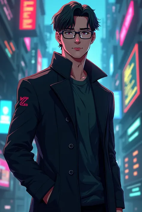 black coat , JavaScript logo`The logo is on the right.`man`Wear glasses`Anime`The view behind is a digital technology world.`

