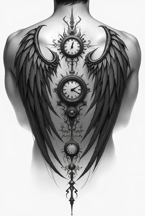 Small upper back Wing tatoo with clocks, rune words for man