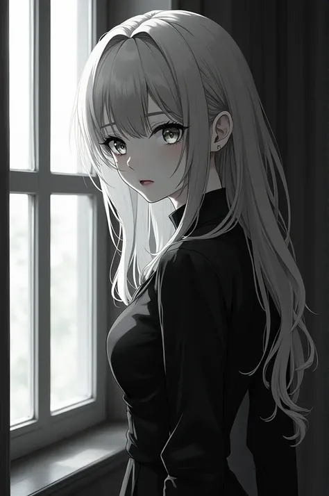 Female anime, light silver gray hair, bright silver eyes looking towards the window. Mysterious beauty attracts. Black and white vintage outfit