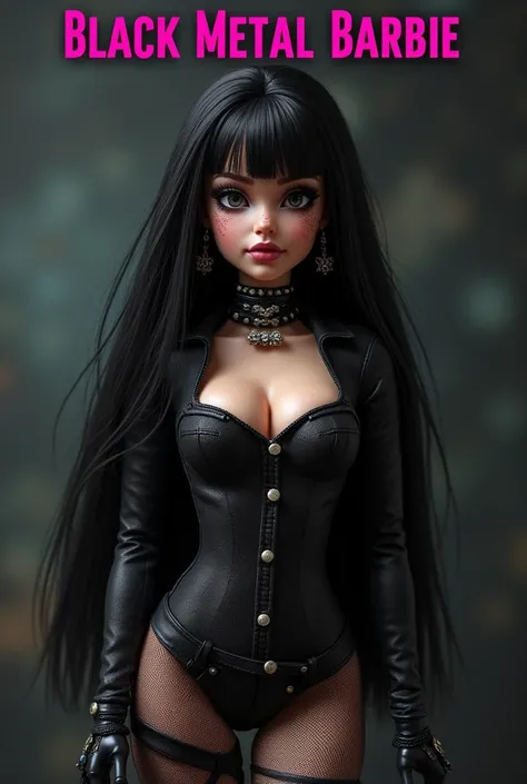 Ultra realistic, super realistic , lifelike, with the text “Black Metal Barbie” at the top in pink , black metal princess , girl, rockstar, perfect hourglass body, perfect breast, full body shot, freckles, braces,