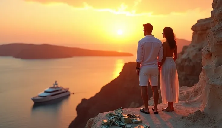 Couple at the Santorini Cliffs: A wealthy couple enjoys the sunset on the cliffs of Santorini, Greece, dressed in designer resort wear. They’re surrounded by luxury, with a private yacht in the water below and stacks of dollar bills scattered around them.