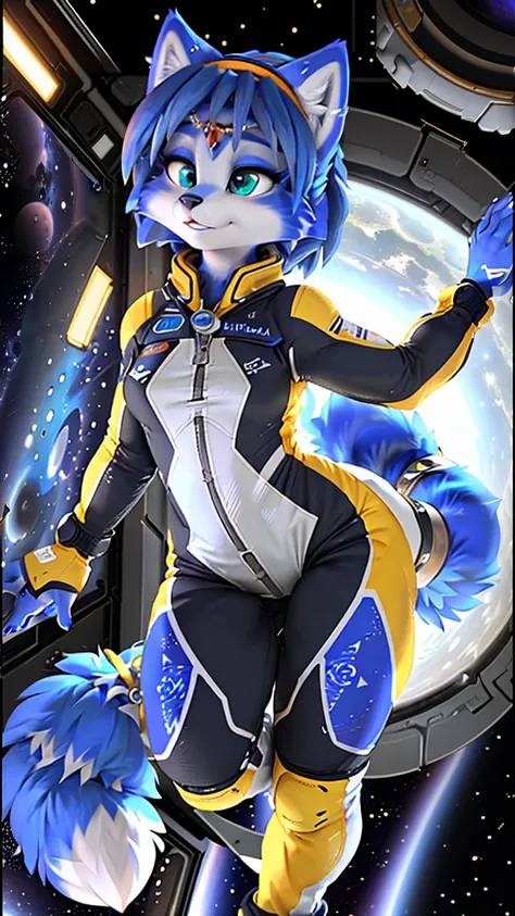 a picture of ((krystal)), Star Fox krystal, sslim, lovable, green eyes, medium breasts, (((Long blue hair 1.3))), Decollete, anthro, furry, Uploaded E621, detailed fluffys fell, (von Fluff-Kevlar, Bayard Wu, Pino Daeni), detailed face, (fluffy), 1 girl, al...