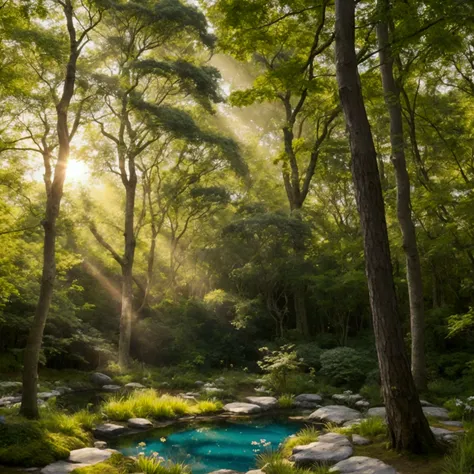 Imagine a quiet forest in the morning, bathed in a soft golden light. The ground is covered with green moss and small wild flowers in soft shades like blue and white.. In the air, several delicate pastel colored butterflies, like lavender and light blue, t...