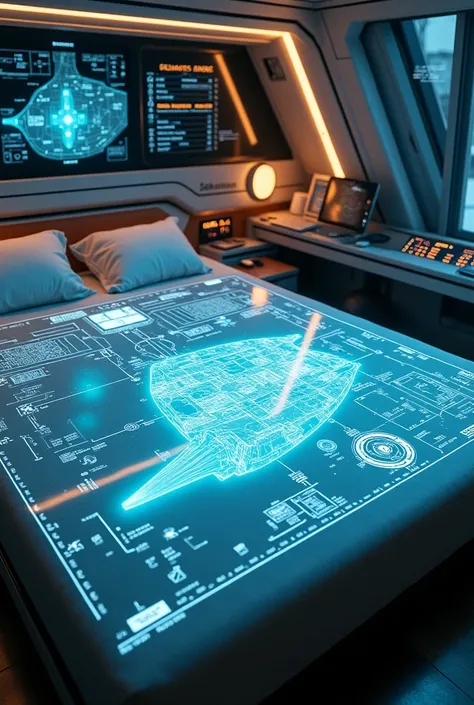 space ship, room with map of the ship&#39;s locations on top of the bed 