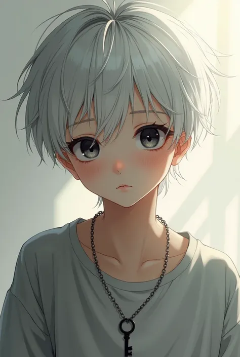 (photorealism:1.2), beautiful boy, teenager, white short hair, black eyes, dark bags under the eyes, key on a string around his neck