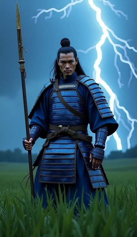 image of a samurai wearing traditional blue Japanese armor, the only part that should be without armor is the samurai&#39;s head. the samurai must be an Asian man with black hair and blue eyes he must be holding a spear in one hand. in the scene he must be...