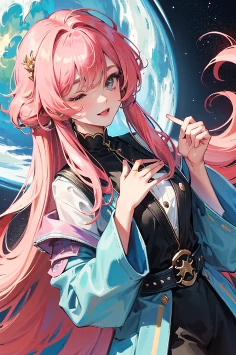 ((best quality)), ((masterpiece)), (detailed), 1girl, cute pink long hair　universe　Holding the Earth in his left hand　One eye is closed　Colorful colors　Casual clothing　A little further away