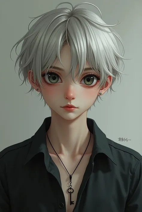 (photorealism:1.2), handsome teenager, white short hair, black eyes, dark bags under the eyes, key on a string around his neck