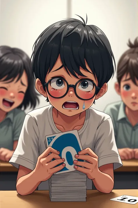 Dark-haired teenager with short hair, with glasses, digging 10, with 1000 uno cards in hand, while crying and everyone laughs at him in the classroom, with white wall in the background 