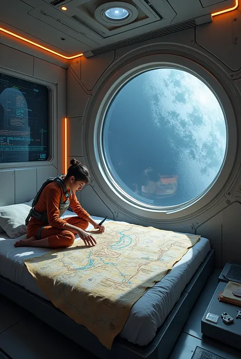 space ship, room with paper map of the ship&#39;s locations on the bed 