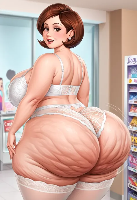 a beautiful, thick female, a mature helen_parr with biggest ass in white lingerie, thick,widest hips, with largest breast, extremely plump, she has a jiggly fat round booty, buxom chested, cellulite, twerking in mall