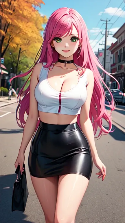 Masterpiece, raw,  beautiful art, professional artist, 8k, art style by sciamano240, very detailed face, very detailed hair, 1 woman, perfectly drawn body, beautiful face, long hair, pink hair , very detailed green eyes , rosey cheeks, intricate details in...