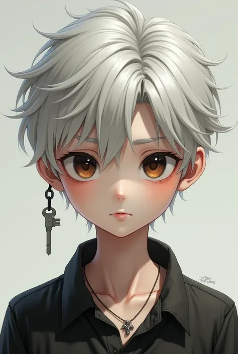 (photorealism:1.2), handsome teenager, white short hair, black small eyes, dark bags under the eyes, key on a string around his neck