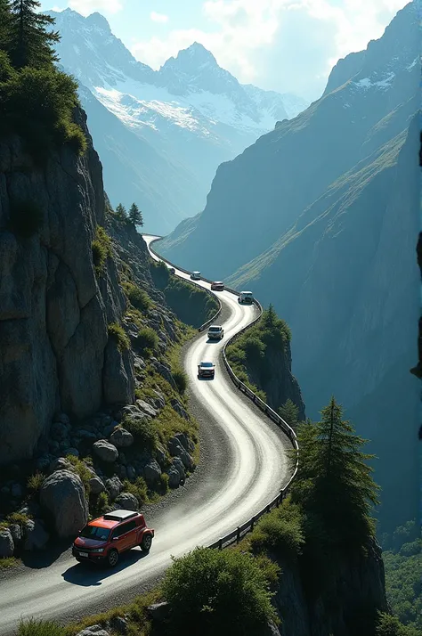 Footage of cars cautiously navigating narrow, mountainous roads