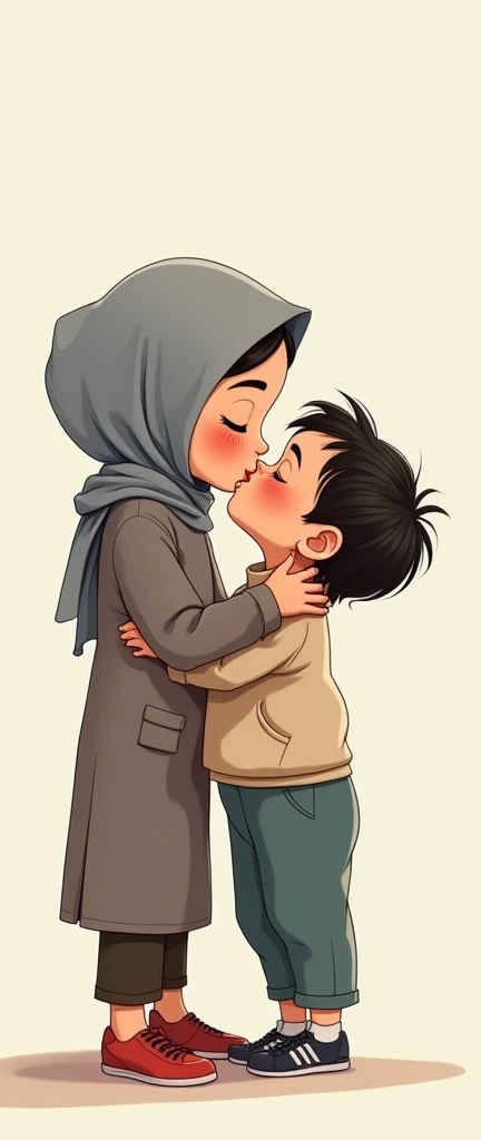 Drawing drawing of a tall teenage girl with grey hijab on kissing a little fat kid on the lips, french kiss, as if they are in a cartoon, toon face, realistic anatomy 