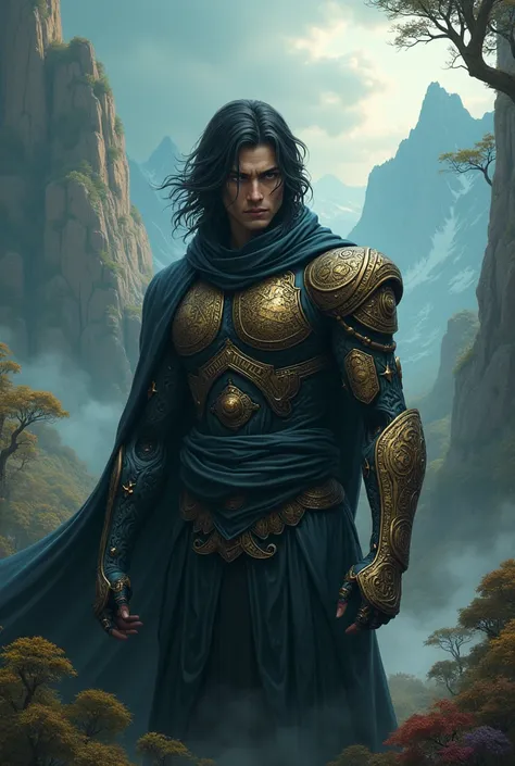 A black haired, black eyed man with only a mechanical arm in a fantasy world 