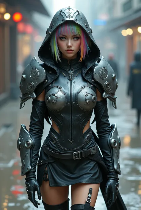  girl, dressing black and white science fantasy hooded armored miniskirt, full body, short rainbow hair, rainbow eyes