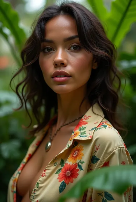 A Brazilian woman in a lush tropical garden, wearing an open shirt with a floral print, with a close-up capturing the harmonious beauty between her breasts and the natural flowers, showing off your natural charm and outgoing personality.