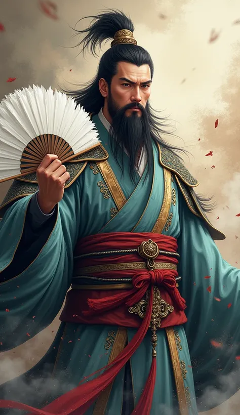 Zhuge Liang with a white feather fan、Anime Thick Painting、Handsome、Rin々Shii、Long Beard、front