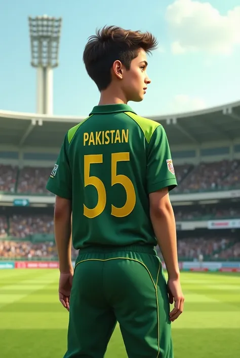 Teenager boy wearing Pakistan cricket kit in stadium written sada 55 on his back of shirt