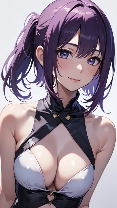 Best Quality,High resolution,8k,(plain white background, no patterns, no textures, just a plain white background:1.3),Masterpiece:1.2),beautiful girl,Big Breasts,(Glossy, deep purple hair:1.3),bob cut,Beautiful purple eyes,Black underwear,Gentle look,A ref...