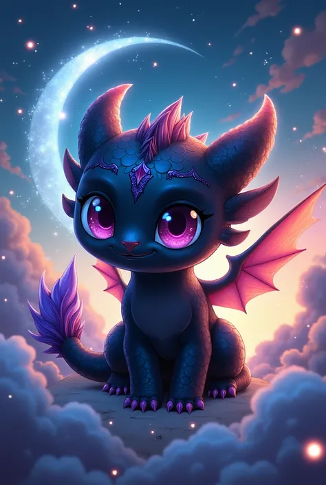 Anime-style masterpiece, cute chibi Night Fury character, shimmering black scales transitioning into soft fur textures, large expressive eyes filled with playful mischief, feathery accents adorned on wings, delicate iridescent details, and reptilian featur...