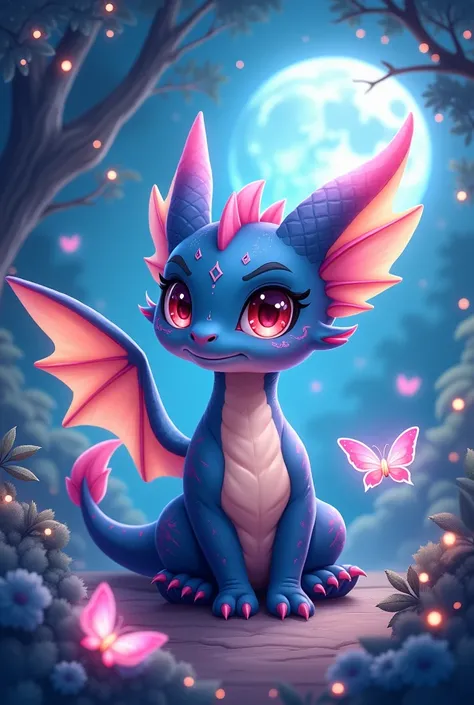 Charming chibi Night Fury dragon, combining enchanting feathers and velvety fur, sleek reptilian body with soft pastel shades, large expressive eyes radiating curiosity, intricately detailed markings upon its scales, surrounded by a mystical night-themed l...