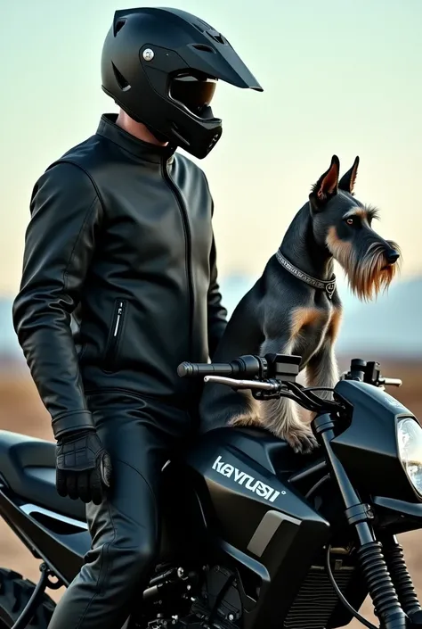 Create an image of a man in a black helmet, black motorcycle jacket and black pants, walking a black schnauzer dog, cinza e marrom, riding a kawasaki versys 300x trail motorcycle, on top of the fuel tank
