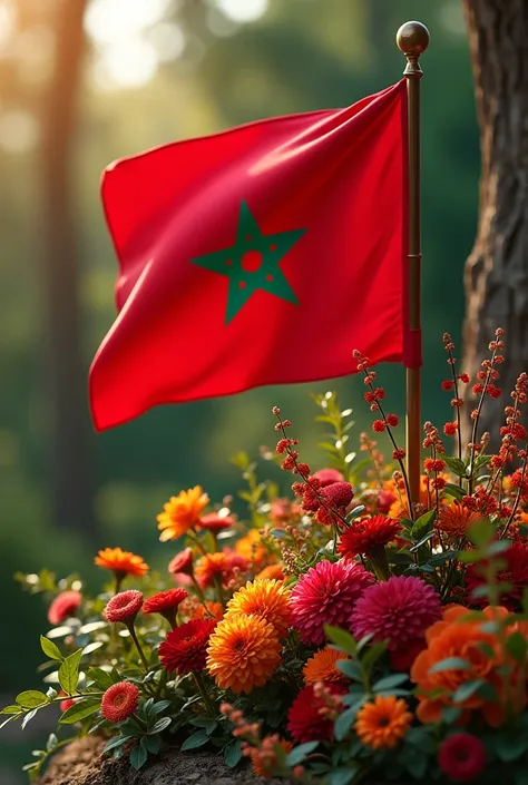 Moroccan flag with flowers next to it