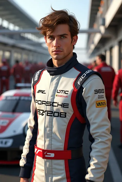 (Photorealism:1.2), Porsche Cup male driver with brown hair and eyes in front of the pitlane 8k ultra realistic 