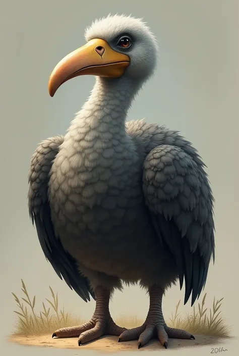 

(Dodo)  beautiful heavy bird, with gray feathers, large curved beak, and short legs very small wings short tail realistic style as realistic as possible 


