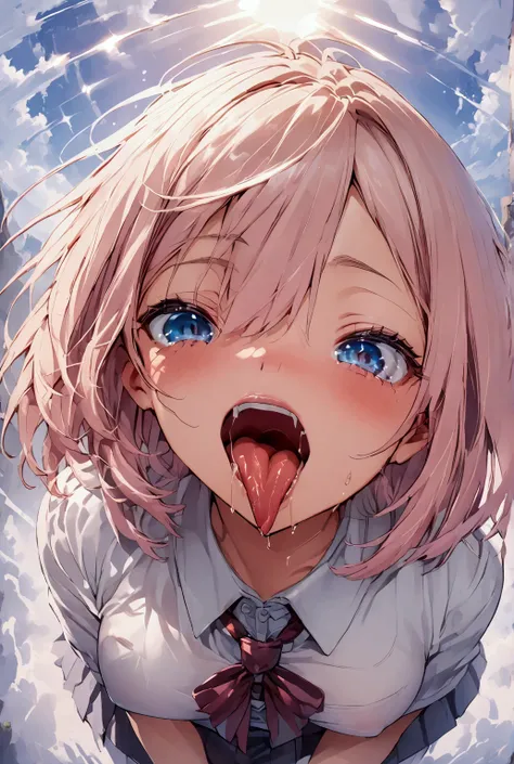 Cute schoolgirl naked with tongue out and joyful face、young、short hair、Ahegao、Provocative pose、transformation、uniform