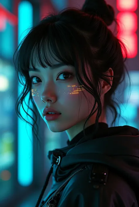 A music cover depicting a black woman with Asian features who looks almost human, but it is clearly artificial, made by AI. The image must have a futuristic and cyberpunk aesthetic. The woman is beautifully detailed, with realistic face and features, but t...