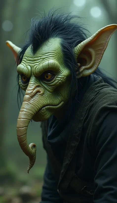 um goblin, the skin of the green tone of the lakes. The nose is long and twists all the way around before curving back towards the face., like a scythe. The hair is a black tuft on top of the head. The eyes are unreadable.