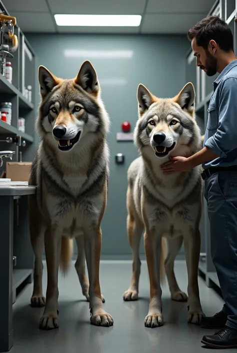 Make a picture of two dogs (lobos) being groomed