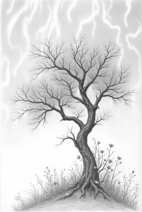 Create a drawing where there is a background with auroras and also flowers coming out of a tree but a drawing that is in pencil without color

