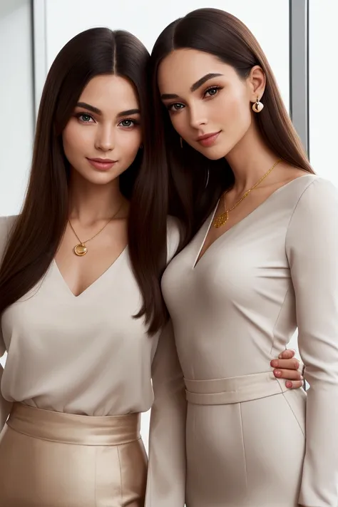 Portrait of a 2 woman, naked, of slim build and average height (Approximately 1.65 meters), with a natural and healthy appearance. Oval face with high, defined cheekbones. Light skin with a slightly pinkish tone, no visible imperfections. Large, almond-sha...