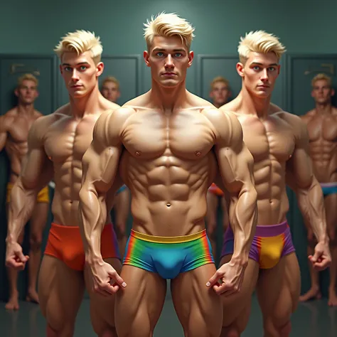 male triplets with light hair and light blue eyes wearing rainbow colored tight swim trunks and in a changing room with other men taking various bodybuilding poses 