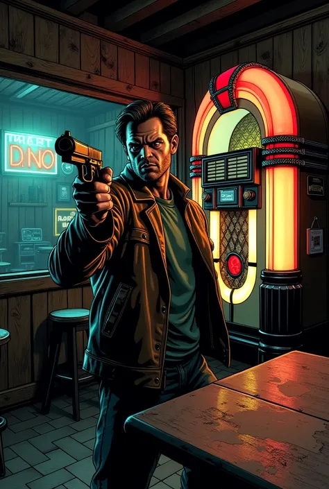 Man with gun in a bar with a jukebox, comic style illustration