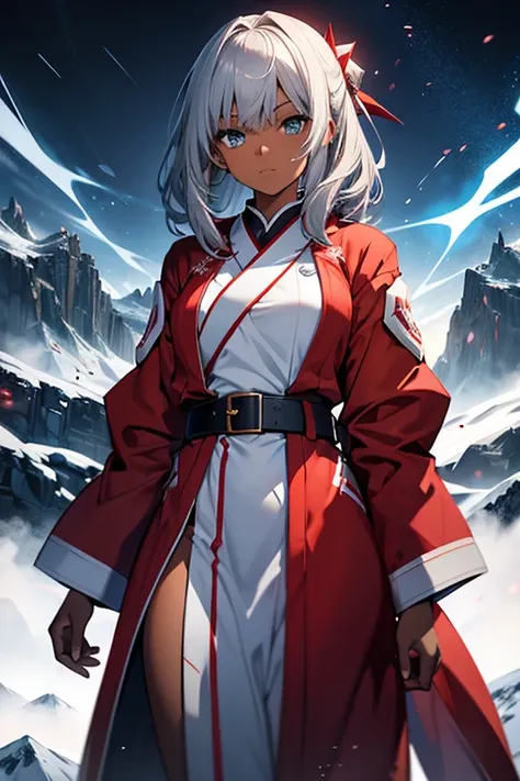 1 Girl, Young Adult Girl, Blue Eyes, Light Dark Skin, Silver Hair, Medium Hair, White Kimono, Blue Middle Clothing, Red Belt, Red Robe, Electric Blue Powers, Mountain Background