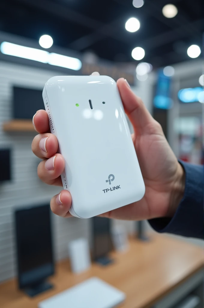 A white portable air tp link wireless router being held in a persons hand at the sales store 