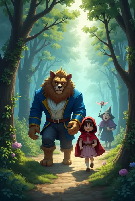 the beautiful, the beast and little red riding hood, the three embarked on an adventure through the magical forest in search of an ancient spell that could reverse the curse. On the way, faced challenges such as mischievous witches and enchanted creatures.