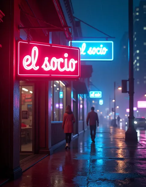 A realistic neon sign with the text El Socio, illuminated by intense white neon lights, located at the entrance of an establishment in a New York City, in the rain. The environment should reflect a cyberpunk aesthetic with sandy tones and a neon-drenched g...