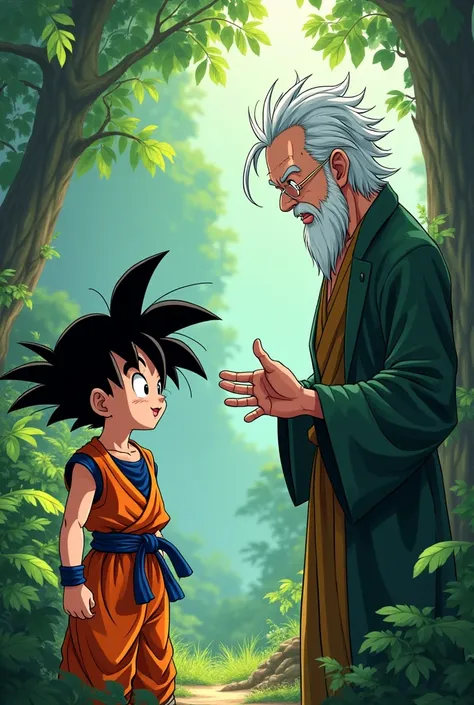 Goku as a child smiling from the front understanding what Master Kame explained in the Amazon in the style of Dragon Ball anime