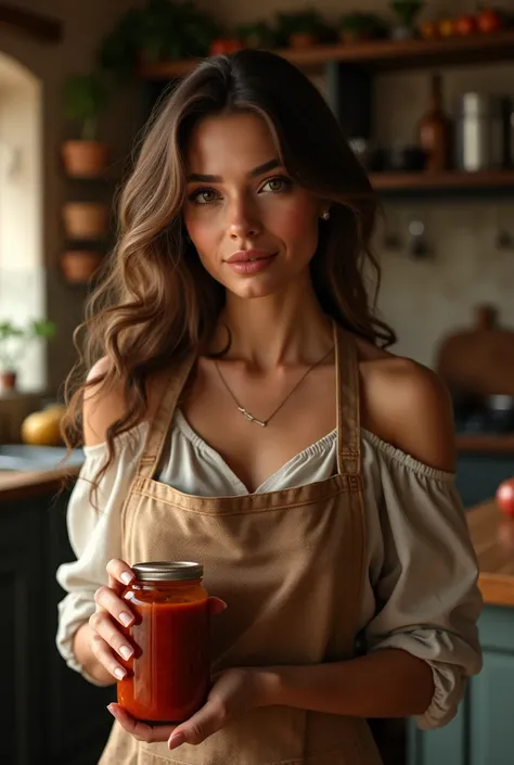 a woman with flowing brown hair, beautiful detailed eyes, beautiful detailed lips, extremely detailed face, longeyelashes, elegant Italian woman, holding a jar of artisanal sauce, standing in a rustic Italian kitchen, natural lighting, warm colors, oil pai...